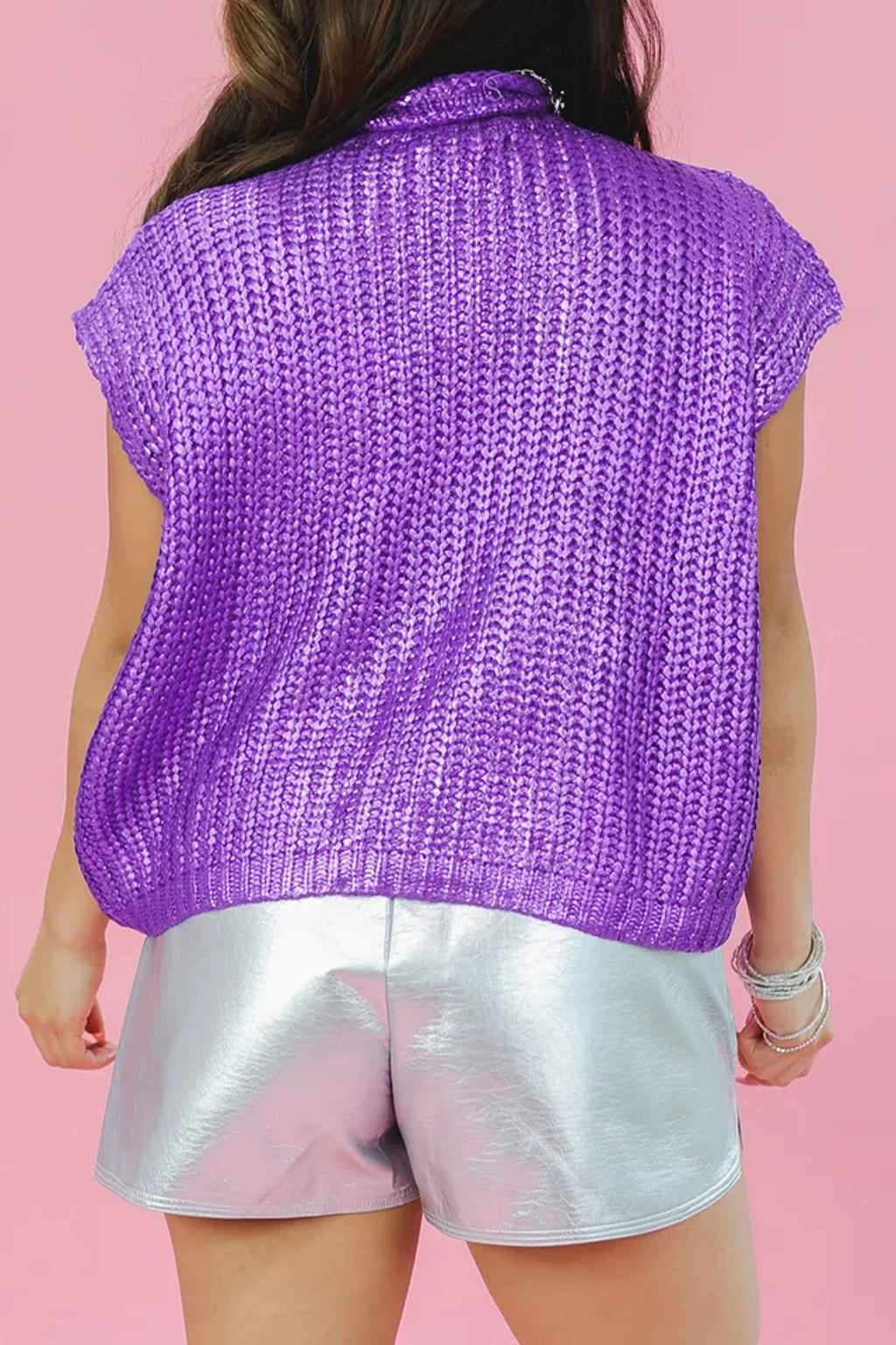 Bright Green Solid Color Knit High Neck Short Sleeve Sweater