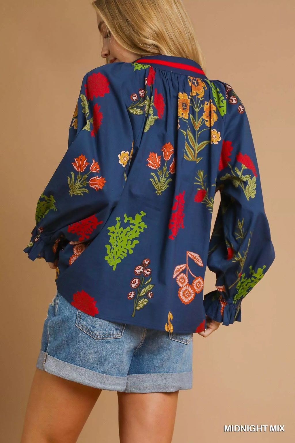 Umgee Floral Print Flounce Sleeve Blouse