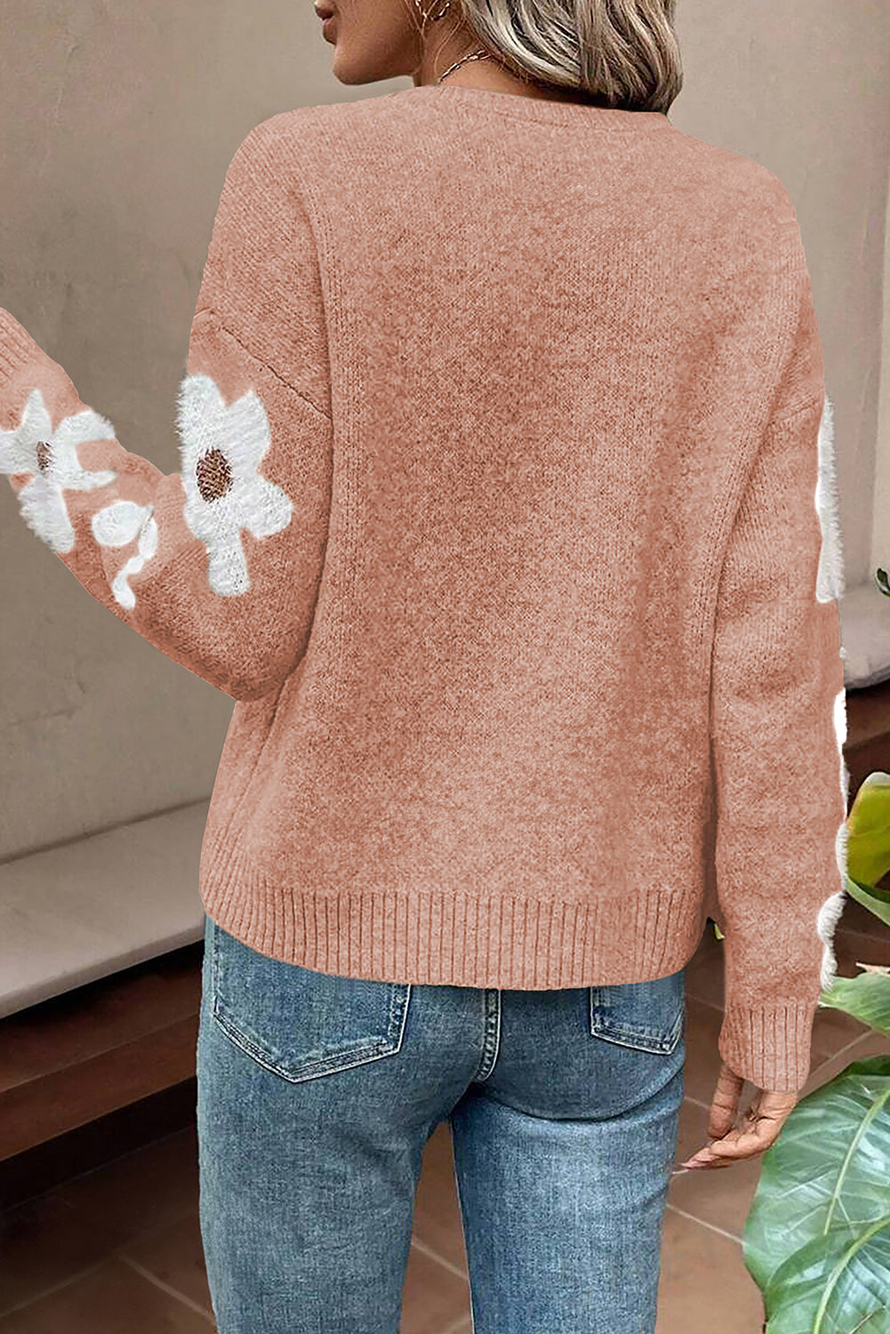 Moss Green Flower Sleeve Drop Shoulder Sweater