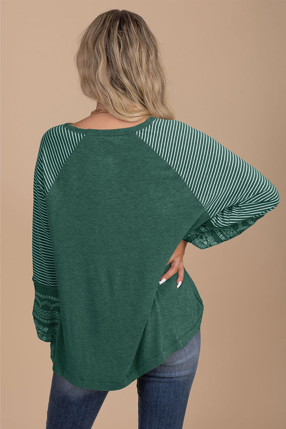 Tillandsia Purple Contrast Print Striped Raglan Long Sleeve Loose Top