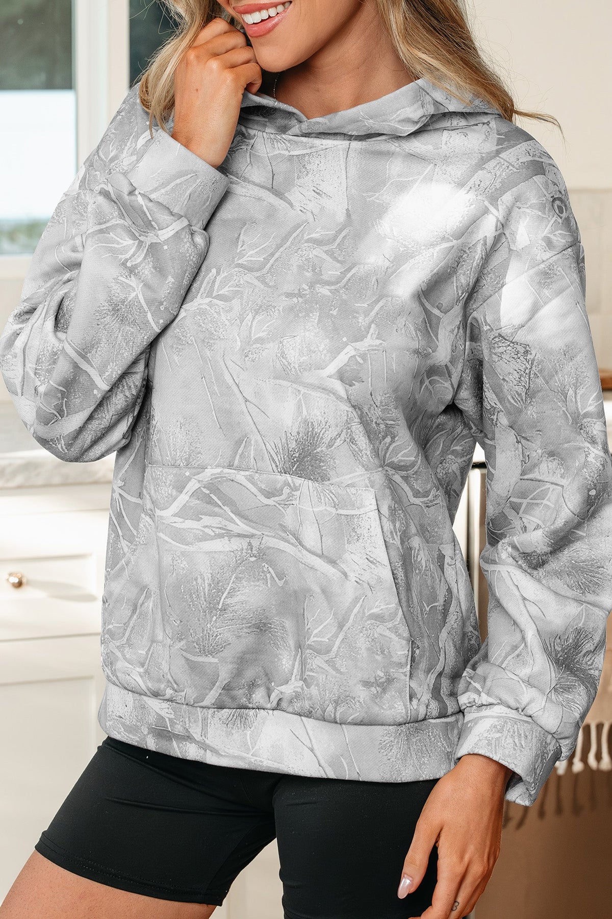 Light Pink Camouflage Woodland Print Oversized Sporty Hoodie