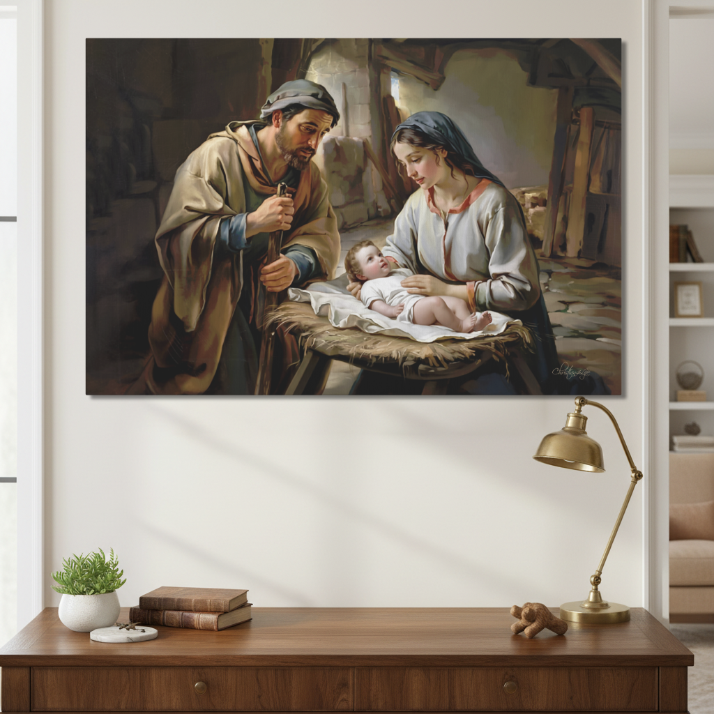 The Nativity scene of Baby Jesus, Mary and Joseph in a stable - Christian Art Canvas