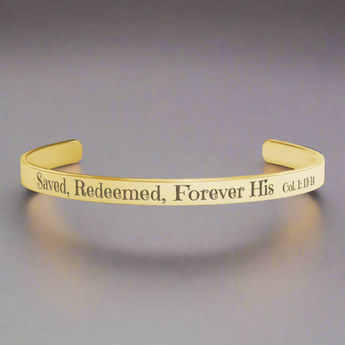 Christian cuff bracelet - "Saved, Redeemed, Forever His", Stainless Steel, Gold plated
