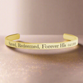 Christian cuff bracelet - "Saved, Redeemed, Forever His", Stainless Steel, Gold plated