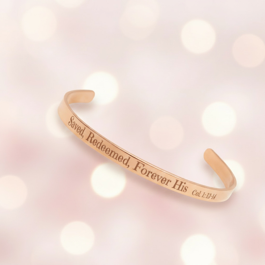 Christian cuff bracelet - "Saved, Redeemed, Forever His", Stainless Steel, Gold plated