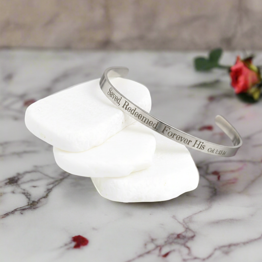 Christian cuff bracelet - "Saved, Redeemed, Forever His", Stainless Steel, Gold plated