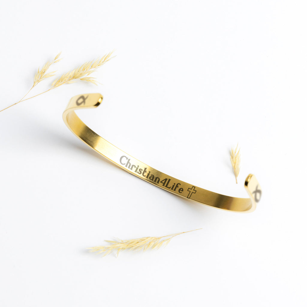 Christian cuff bracelet - "Saved, Redeemed, Forever His", Stainless Steel, Gold plated