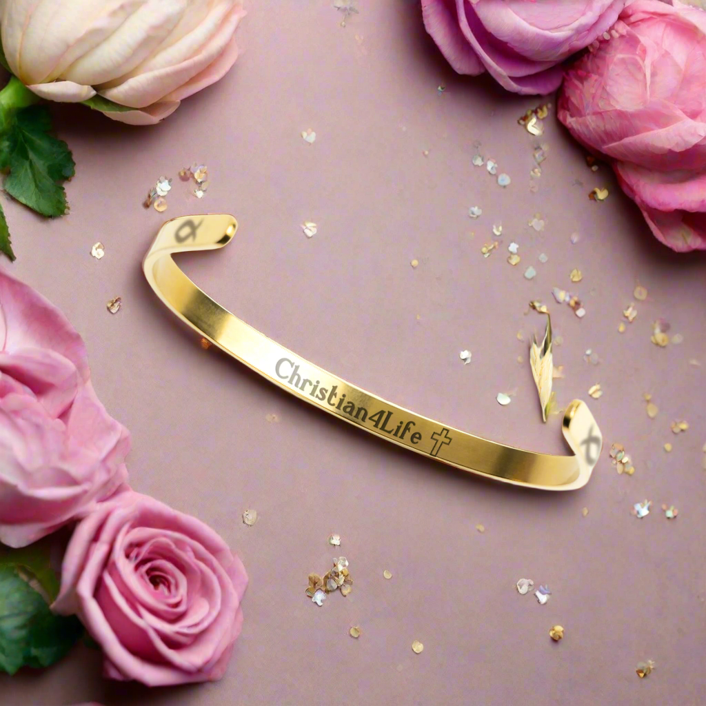 Christian cuff bracelet - "Saved, Redeemed, Forever His", Stainless Steel, Gold plated