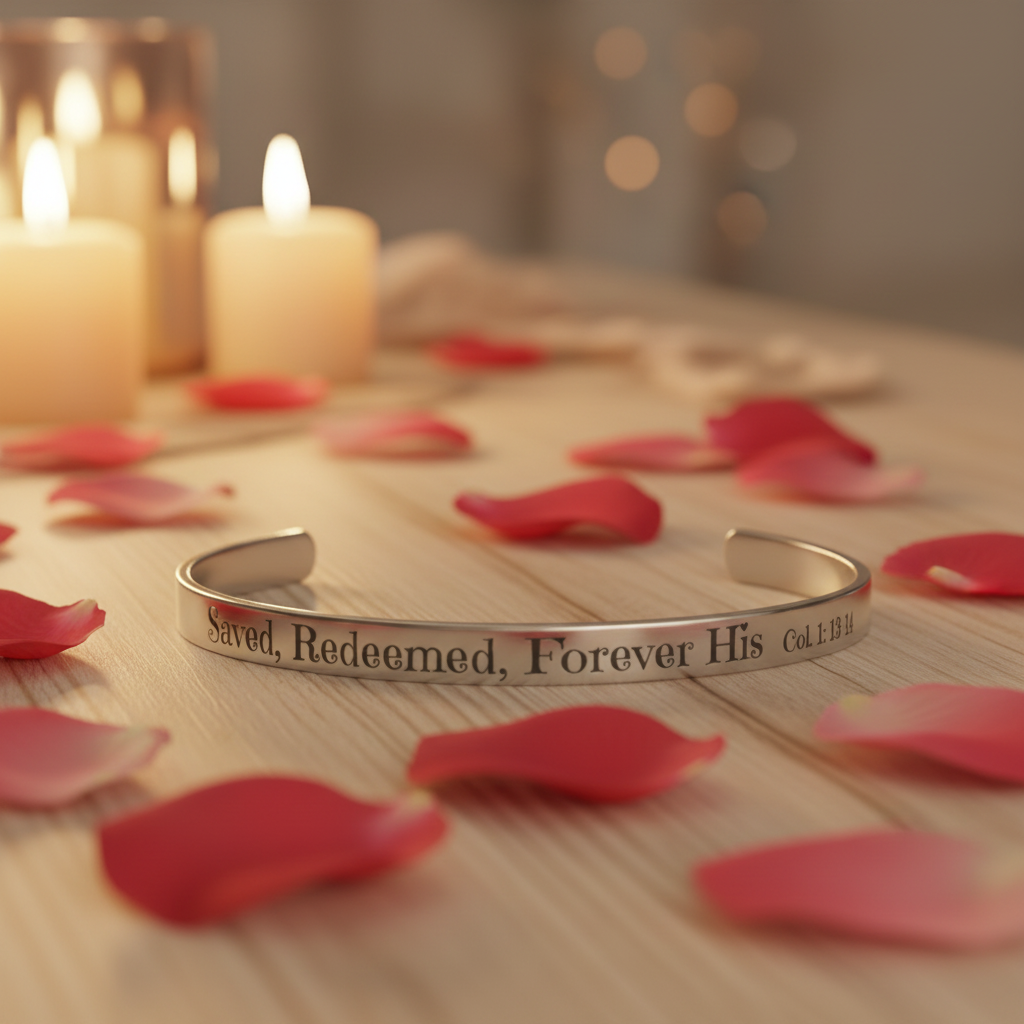 Christian cuff bracelet - "Saved, Redeemed, Forever His", Stainless Steel, Gold plated