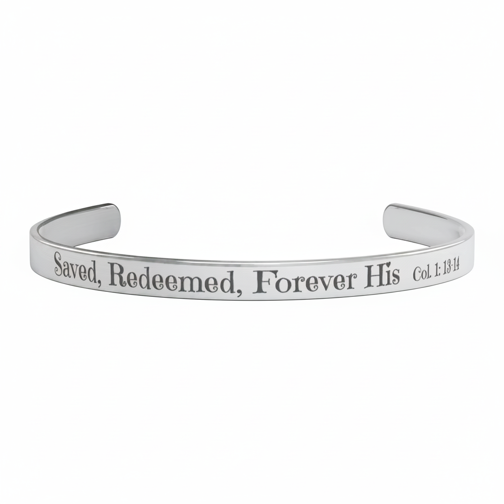 Christian cuff bracelet - "Saved, Redeemed, Forever His", Stainless Steel, Gold plated