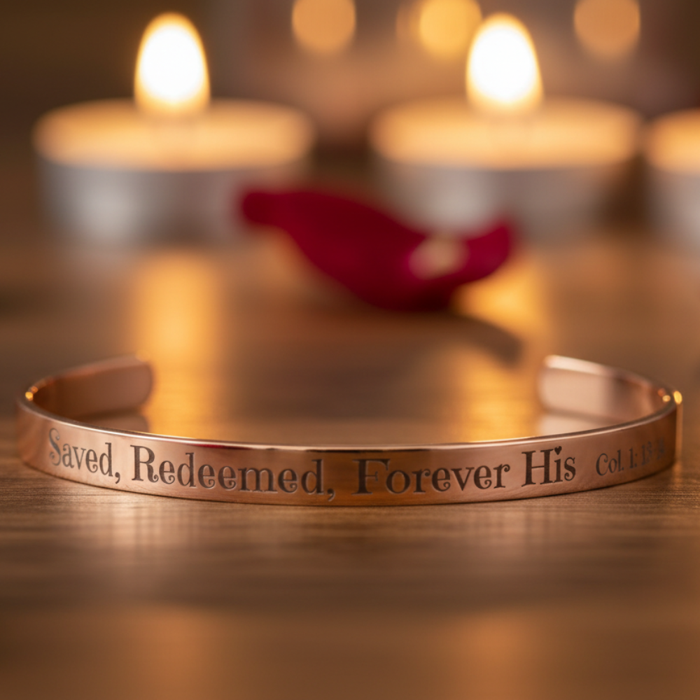 Christian cuff bracelet - "Saved, Redeemed, Forever His", Stainless Steel, Gold plated