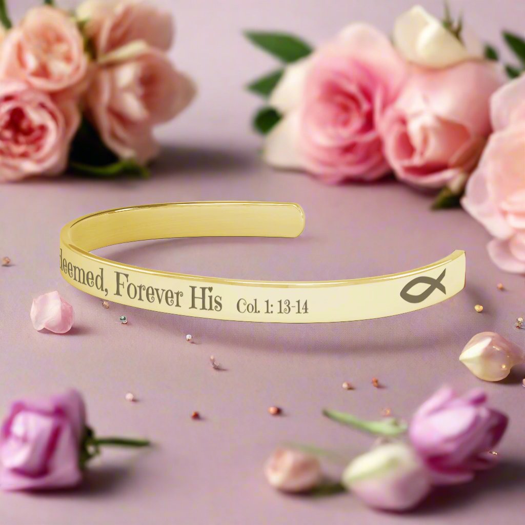 Christian cuff bracelet - "Saved, Redeemed, Forever His", Stainless Steel, Gold plated
