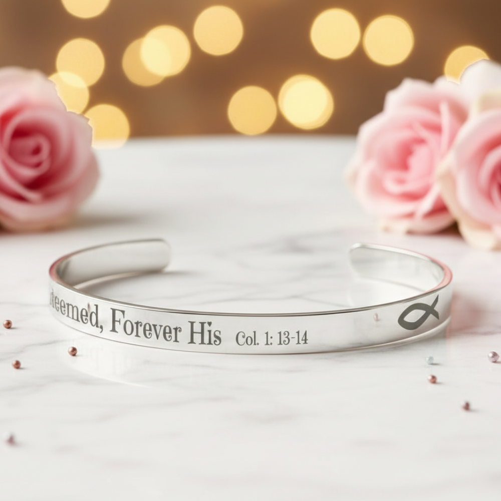 Christian cuff bracelet - "Saved, Redeemed, Forever His", Stainless Steel, Gold plated