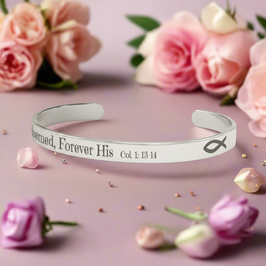 Christian cuff bracelet - "Saved, Redeemed, Forever His", Stainless Steel, Gold plated