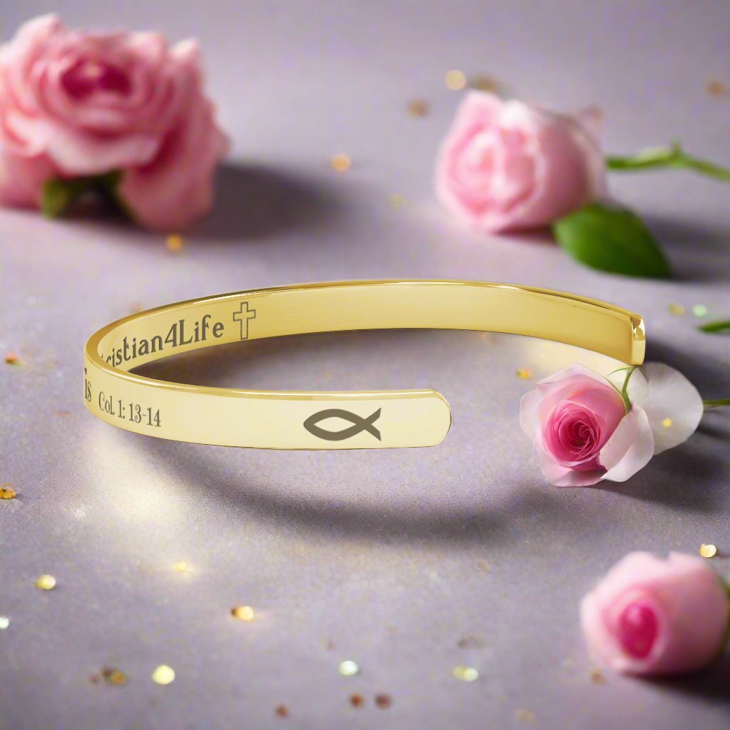 Christian cuff bracelet - "Saved, Redeemed, Forever His", Stainless Steel, Gold plated