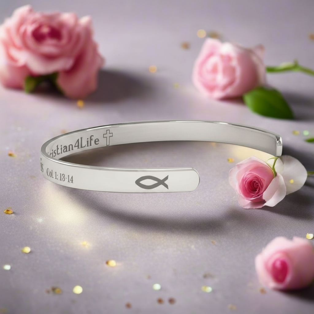 Christian cuff bracelet - "Saved, Redeemed, Forever His", Stainless Steel, Gold plated