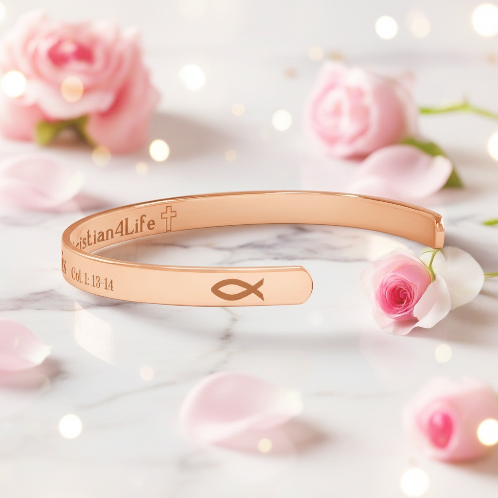 Christian cuff bracelet - "Saved, Redeemed, Forever His", Stainless Steel, Gold plated