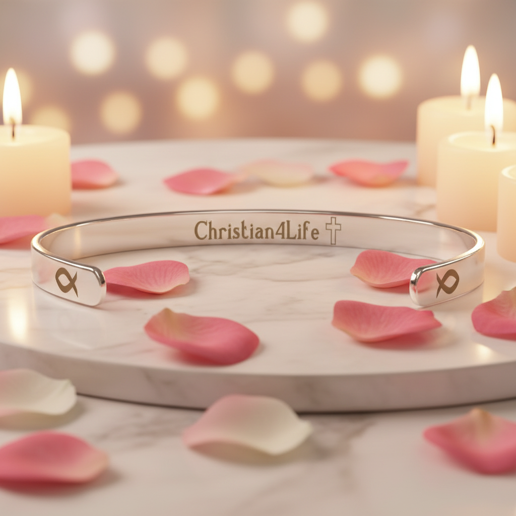 Christian cuff bracelet - "Saved, Redeemed, Forever His", Stainless Steel, Gold plated