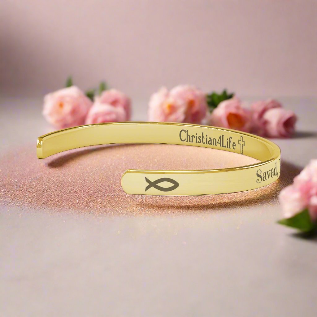 Christian cuff bracelet - "Saved, Redeemed, Forever His", Stainless Steel, Gold plated
