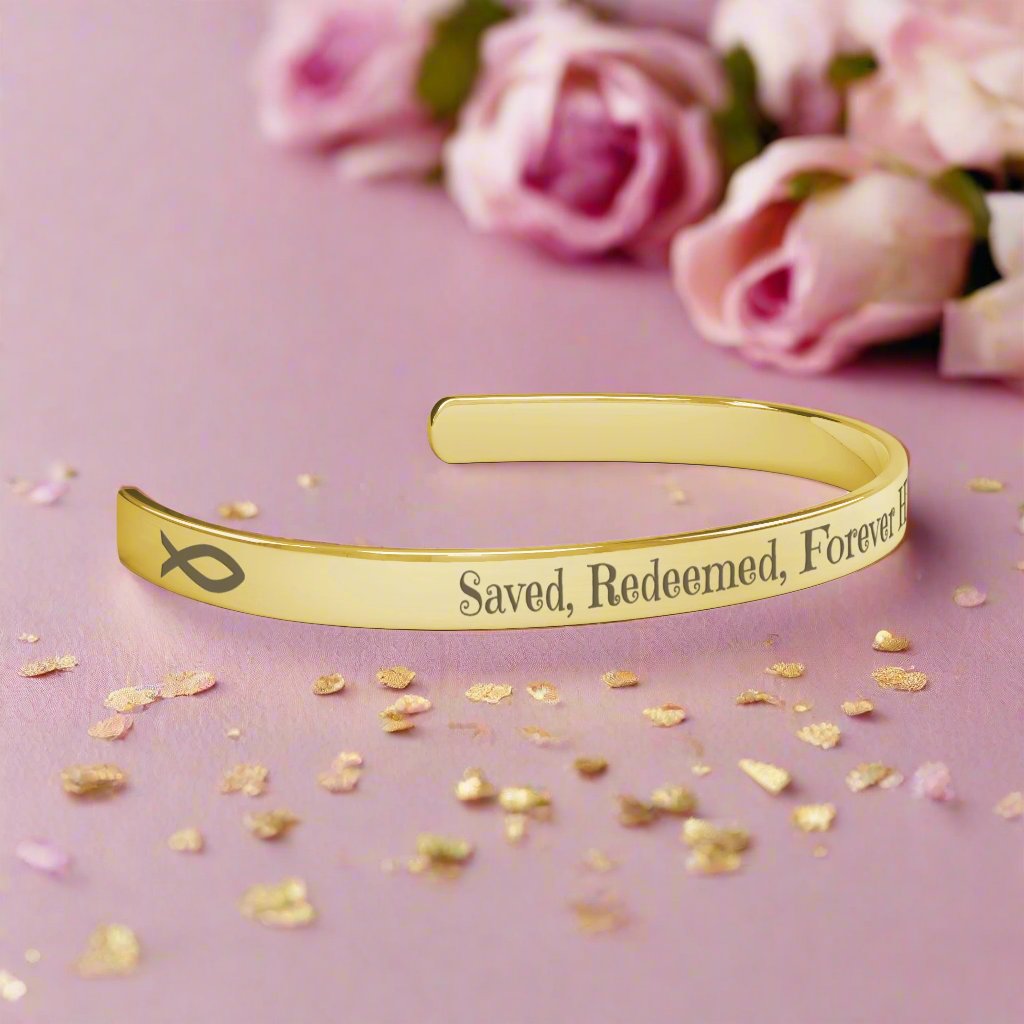 Christian cuff bracelet - "Saved, Redeemed, Forever His", Stainless Steel, Gold plated