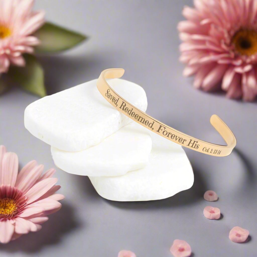Christian cuff bracelet - "Saved, Redeemed, Forever His", Stainless Steel, Gold plated