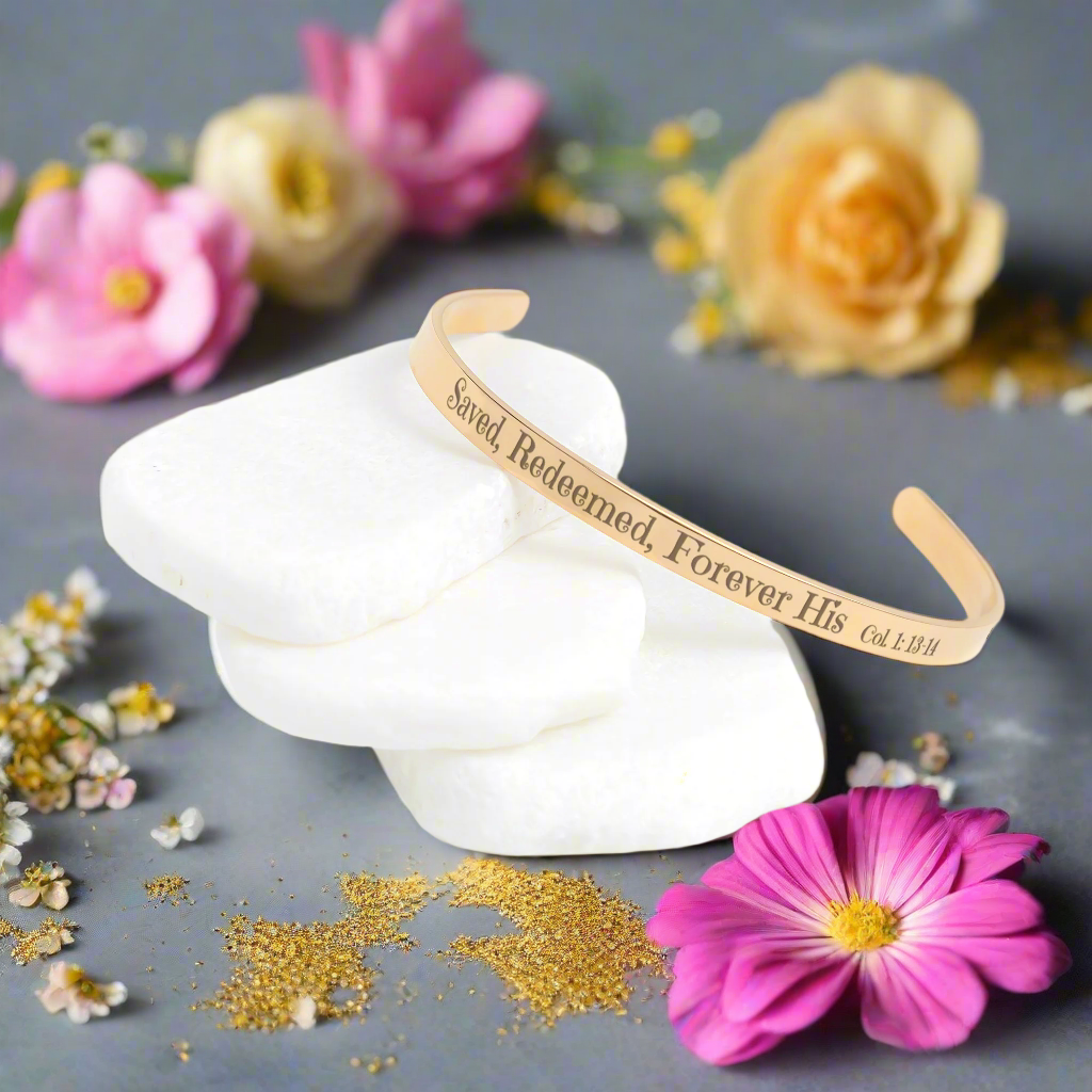 Christian cuff bracelet - "Saved, Redeemed, Forever His", Stainless Steel, Gold plated