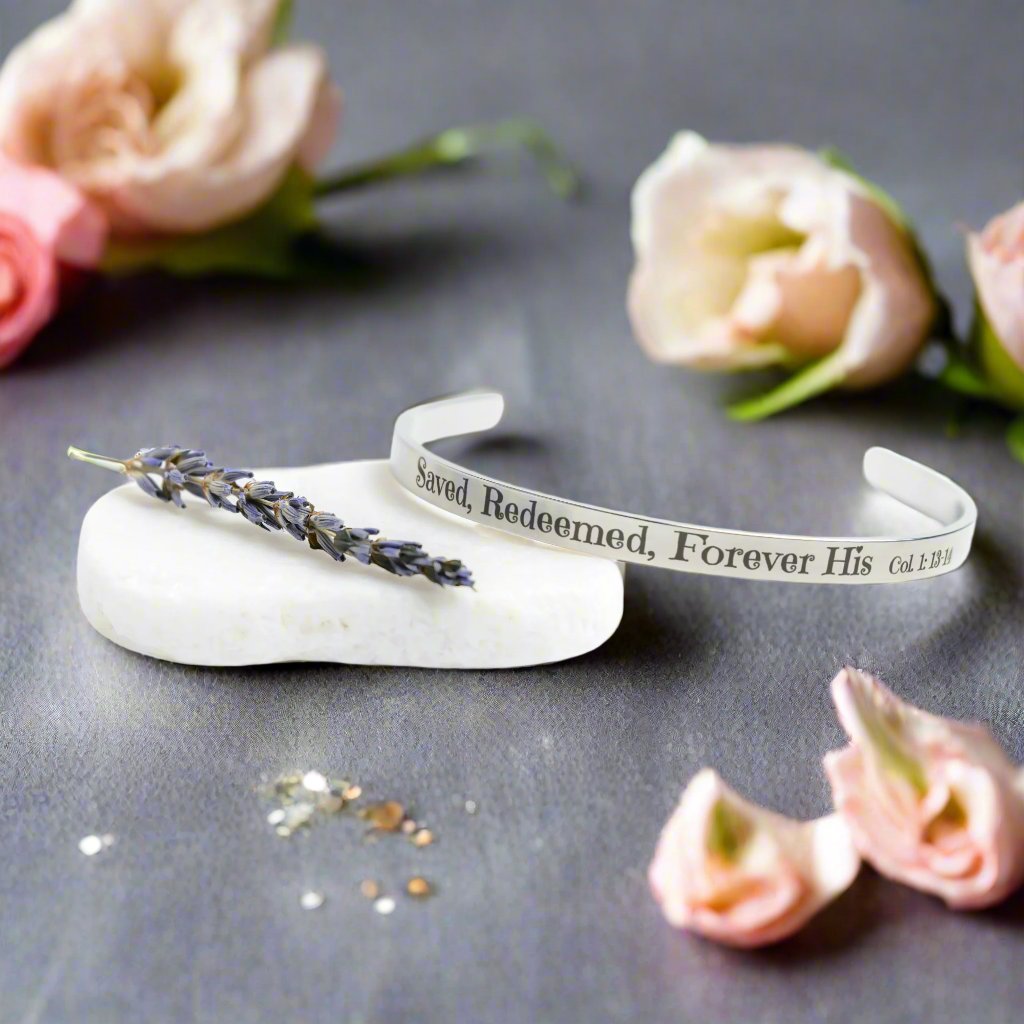 Christian cuff bracelet - "Saved, Redeemed, Forever His", Stainless Steel, Gold plated