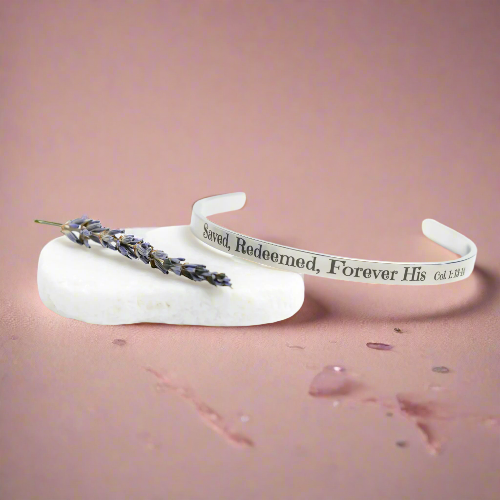 Christian cuff bracelet - "Saved, Redeemed, Forever His", Stainless Steel, Gold plated