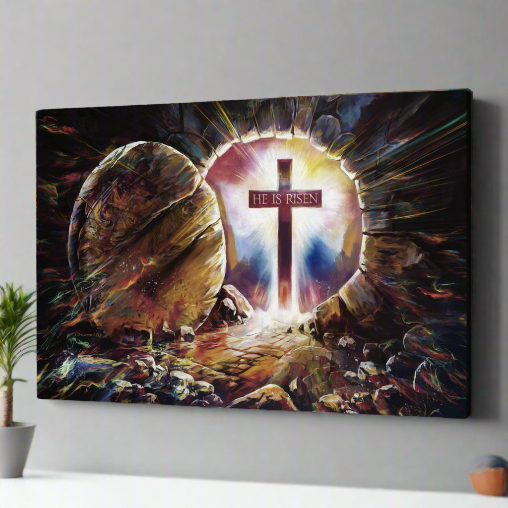 Colorful "He is Risen" Gallery Wrapped Canvas - Jesus Resurrection, Christian Easter Wall Art