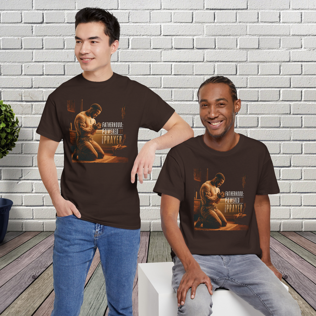 Christian Dad T-shirt "Fatherhood: Powered by Prayer" Heavy Cotton
