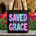 Saved By His Grace Printed Faux Sequin Christian Tote Bag, Religious Love Gift Shopper