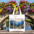God Is Good All the Time Mountain Christian Canvas Tote Bag, Wildflower Brushstroke Bible Verse Faith Gift Shopper