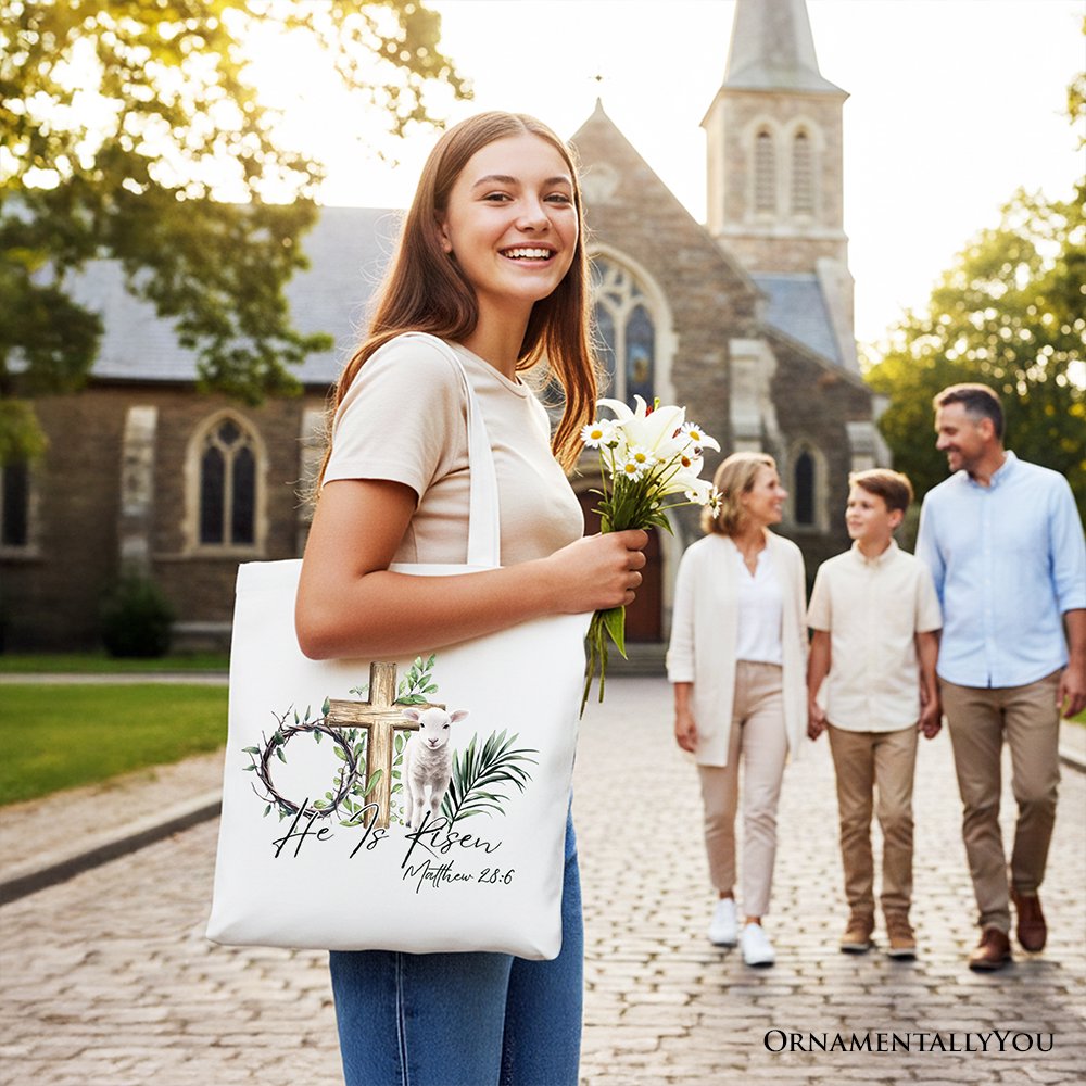 He Is Risen Lamb Cross Christian Easter Tote Bag, Bible Verse Matthew 28:6 Gift Shopper