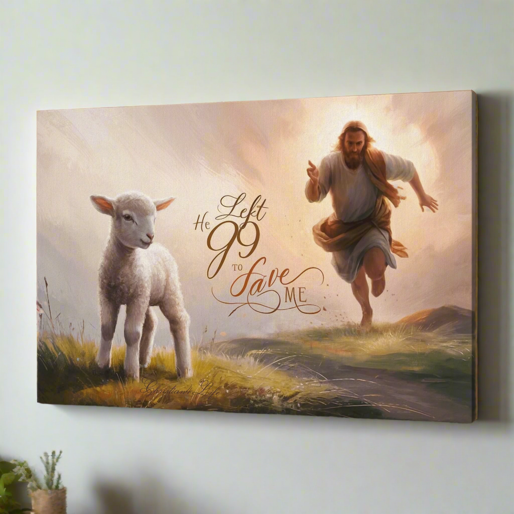 "He Left 99 to Save Me" Oil Style Gallery Wrapped Christian Wall Art Canvas (3:2)