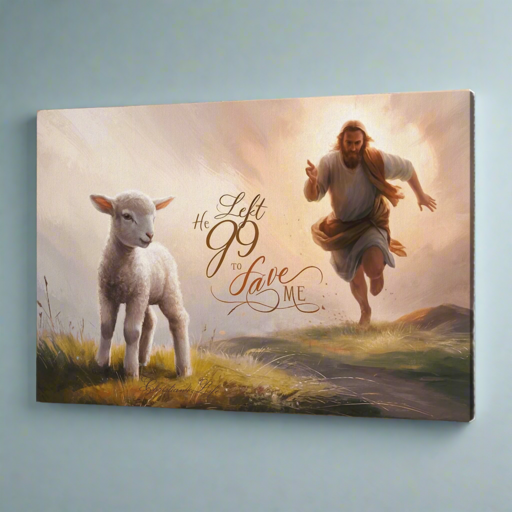 "He Left 99 to Save Me" Oil Style Gallery Wrapped Christian Wall Art Canvas (3:2)