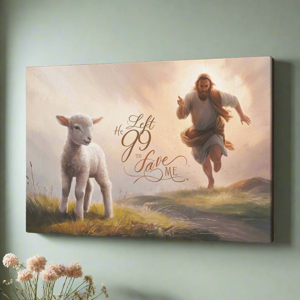 "He Left 99 to Save Me" Oil Style Gallery Wrapped Christian Wall Art Canvas (3:2)