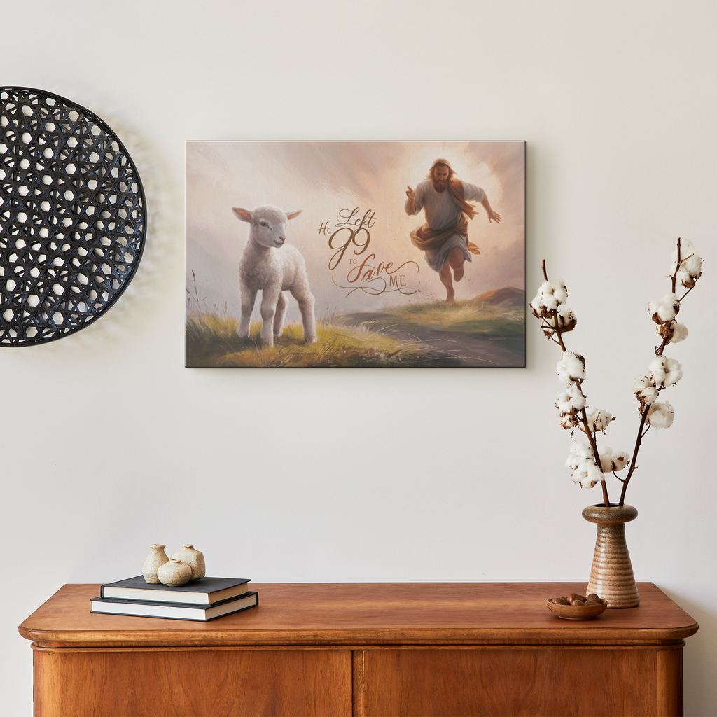 "He Left 99 to Save Me" Oil Style Gallery Wrapped Christian Wall Art Canvas (3:2)