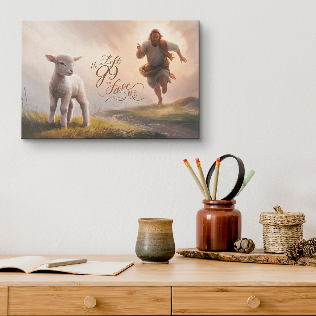 "He Left 99 to Save Me" Oil Style Gallery Wrapped Christian Wall Art Canvas (3:2)