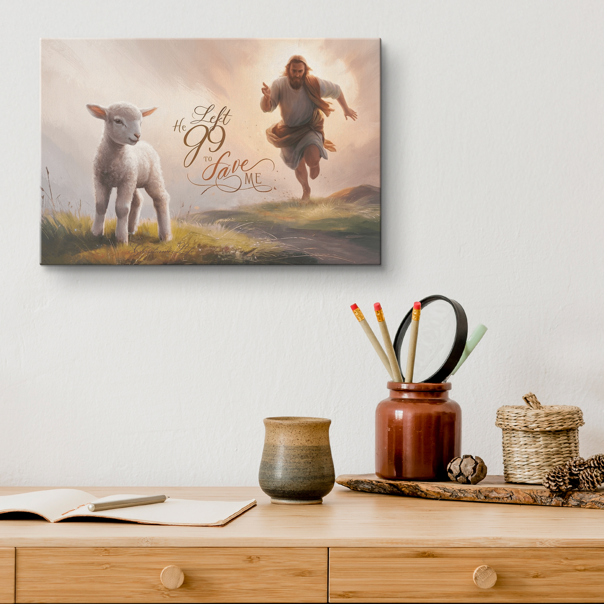 "He Left 99 to Save Me" Oil Style Gallery Wrapped Christian Wall Art Canvas (3:2)