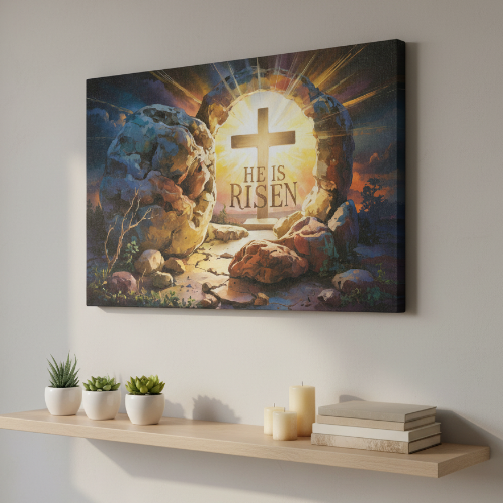 "He is Risen" - Open Tomb and Cross, Christian Gallery Wrapped Canvas, Easter Wall Art Print