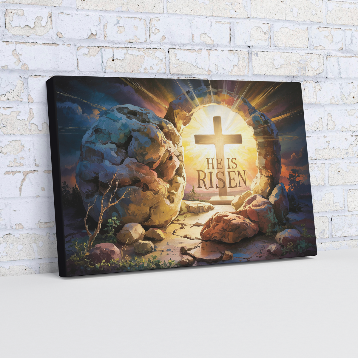 "He is Risen" - Open Tomb and Cross, Christian Gallery Wrapped Canvas, Easter Wall Art Print
