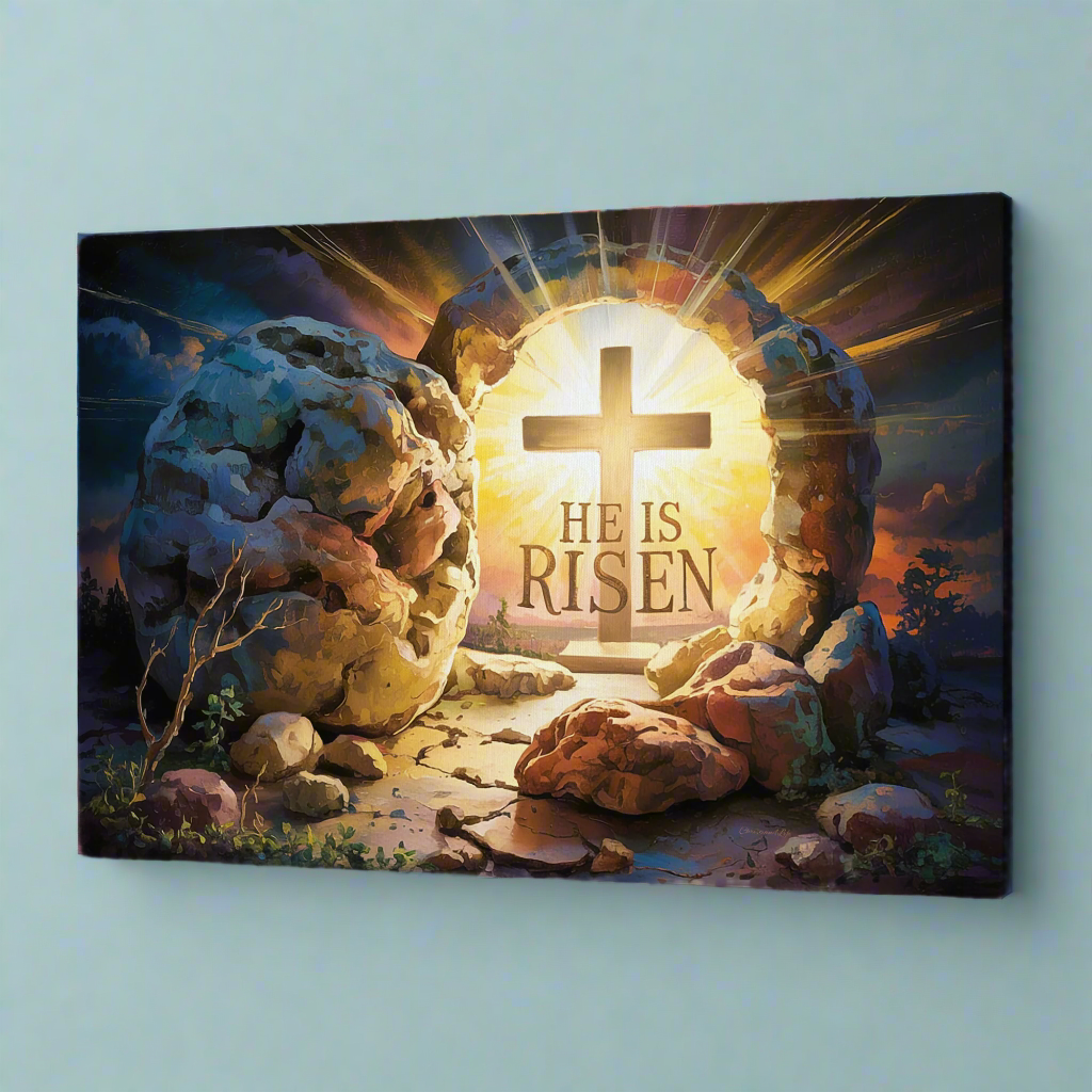 "He is Risen" - Open Tomb and Cross, Christian Gallery Wrapped Canvas, Easter Wall Art Print