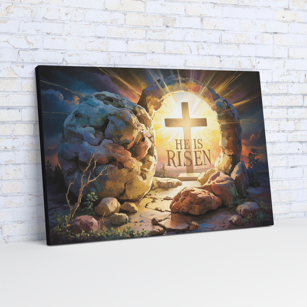 "He is Risen" - Open Tomb and Cross, Christian Gallery Wrapped Canvas, Easter Wall Art Print