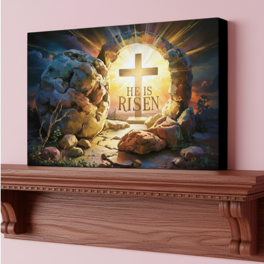 "He is Risen" - Open Tomb and Cross, Christian Gallery Wrapped Canvas, Easter Wall Art Print