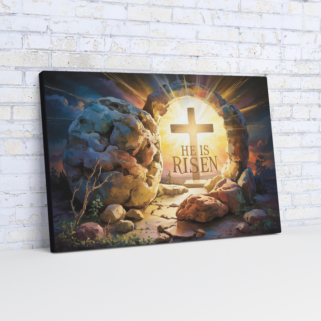 "He is Risen" - Open Tomb and Cross, Christian Gallery Wrapped Canvas, Easter Wall Art Print