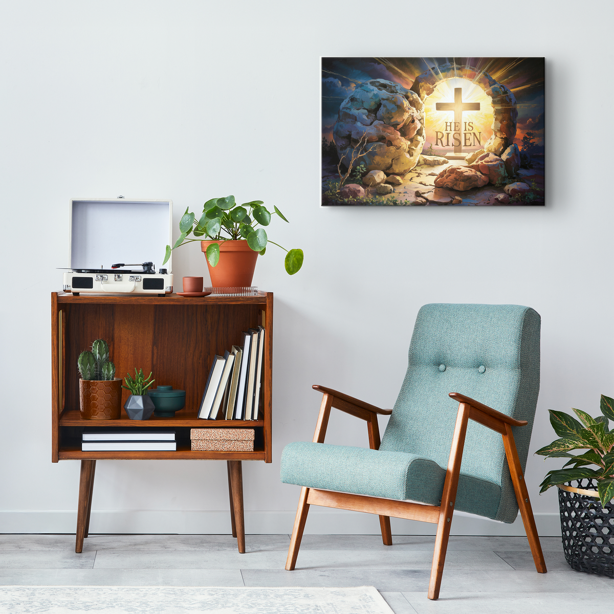 "He is Risen" - Open Tomb and Cross, Christian Gallery Wrapped Canvas, Easter Wall Art Print
