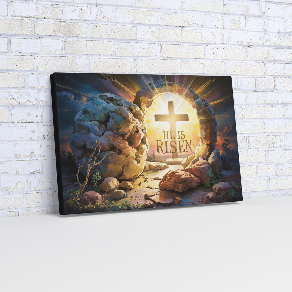 "He is Risen" - Open Tomb and Cross, Christian Gallery Wrapped Canvas, Easter Wall Art Print
