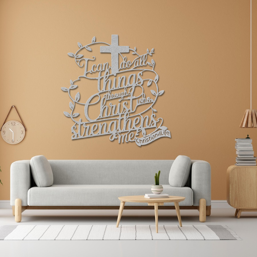 "I can do all things through Christ who strengthens me" Christian die-cut metal sign, Christian Metal Sign, Christian Metal Wall Art (red or silver)