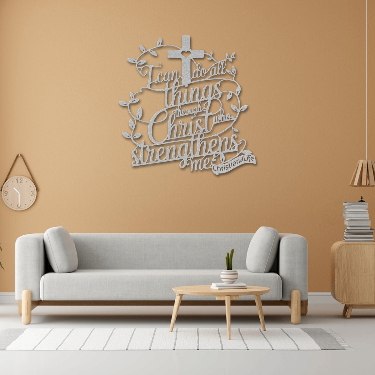 "I can do all things through Christ who strengthens me" Christian die-cut metal sign-(with Heart)-red or silver