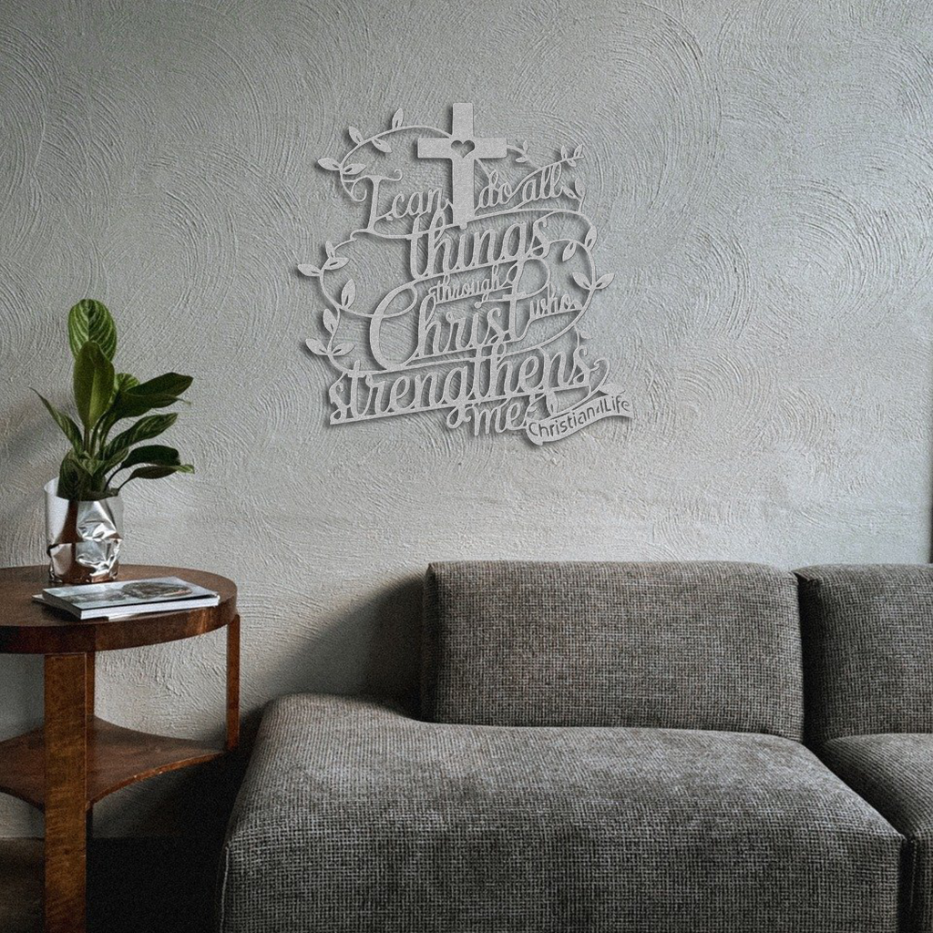 "I can do all things through Christ who strengthens me" Christian die-cut metal sign-(with Heart)-red or silver